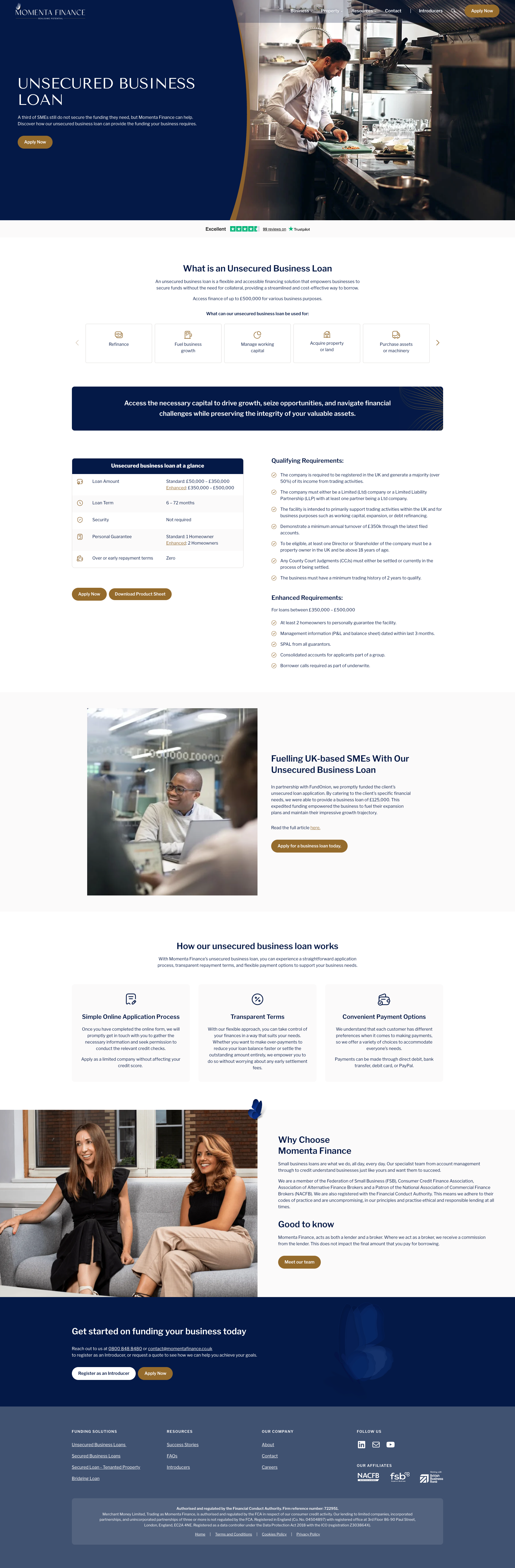 Unsecured business loan page displaying product details and lending information for SMEs