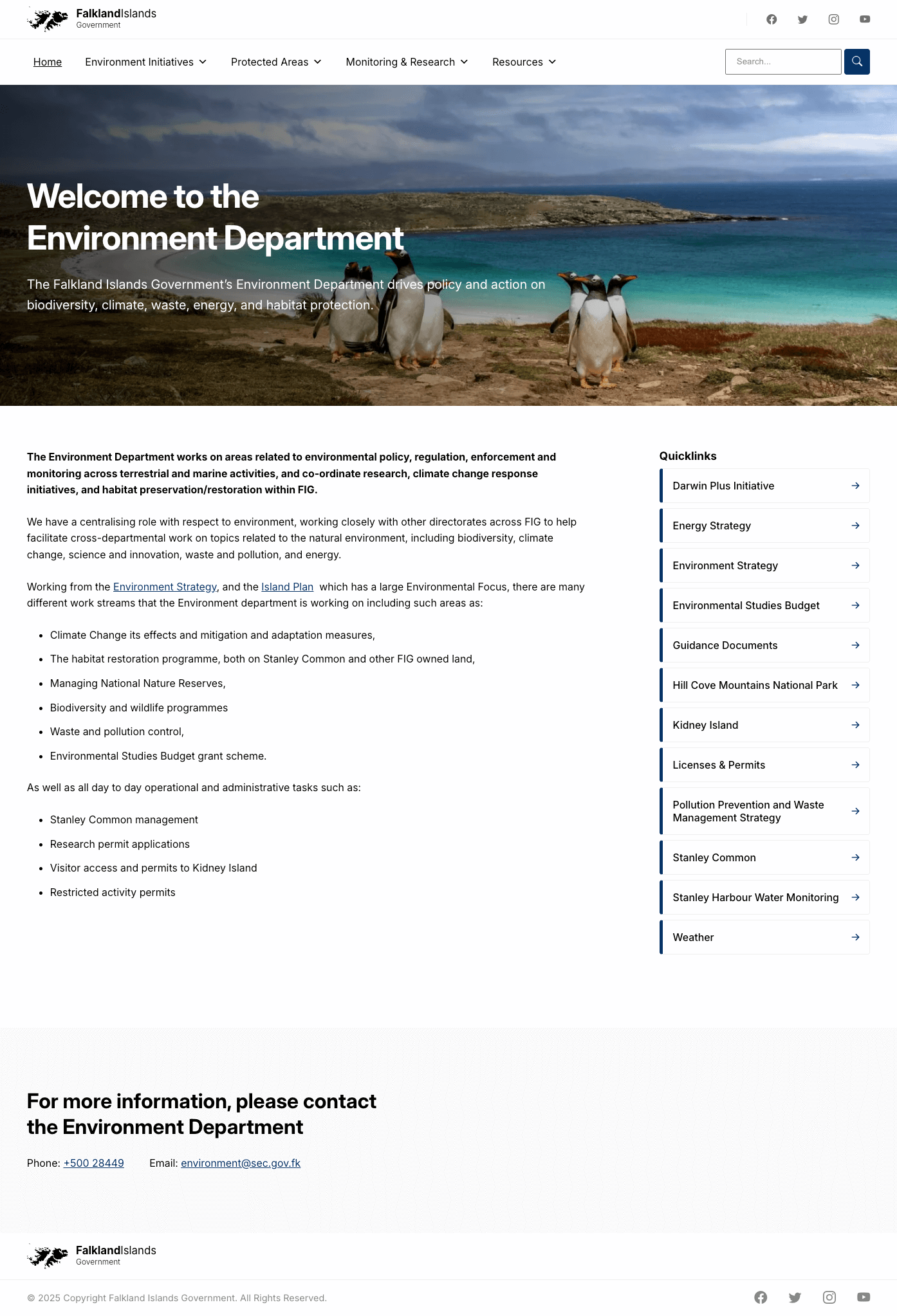 Falkland Islands Government departmental website layout demonstrating multisite system with consistent design and accessibility-focused UI