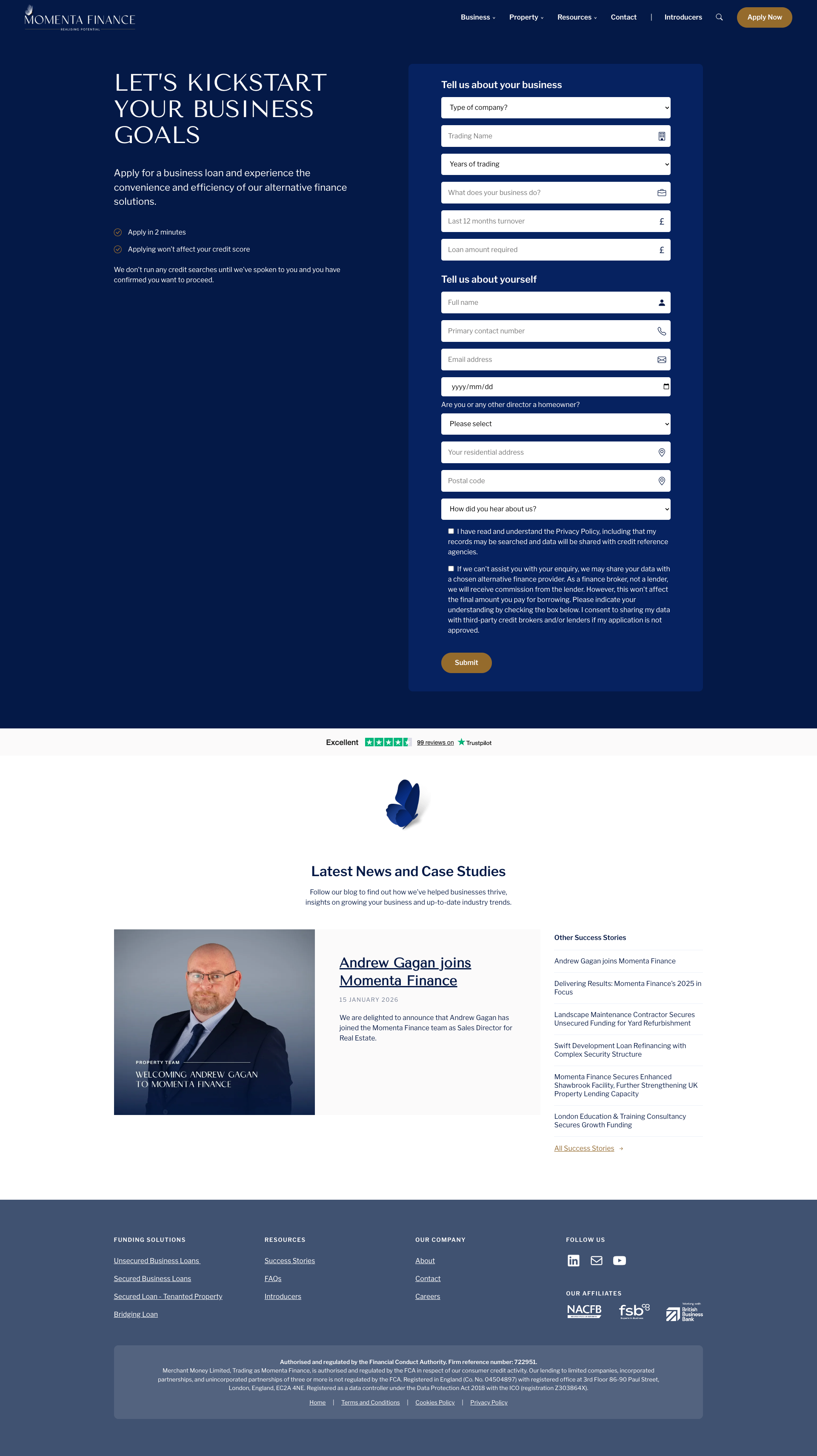 Business loan application form page with structured input fields for submitting funding requests