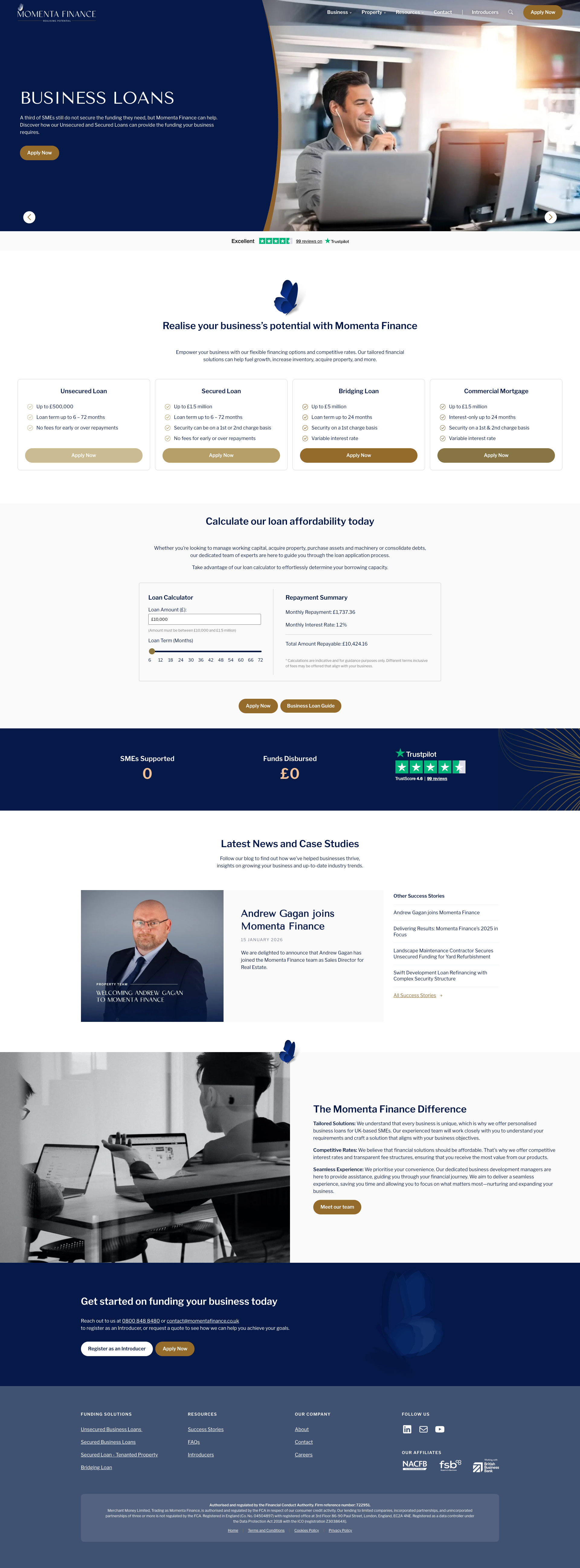 Business loans page showing Momenta Finance funding options and service overview layout