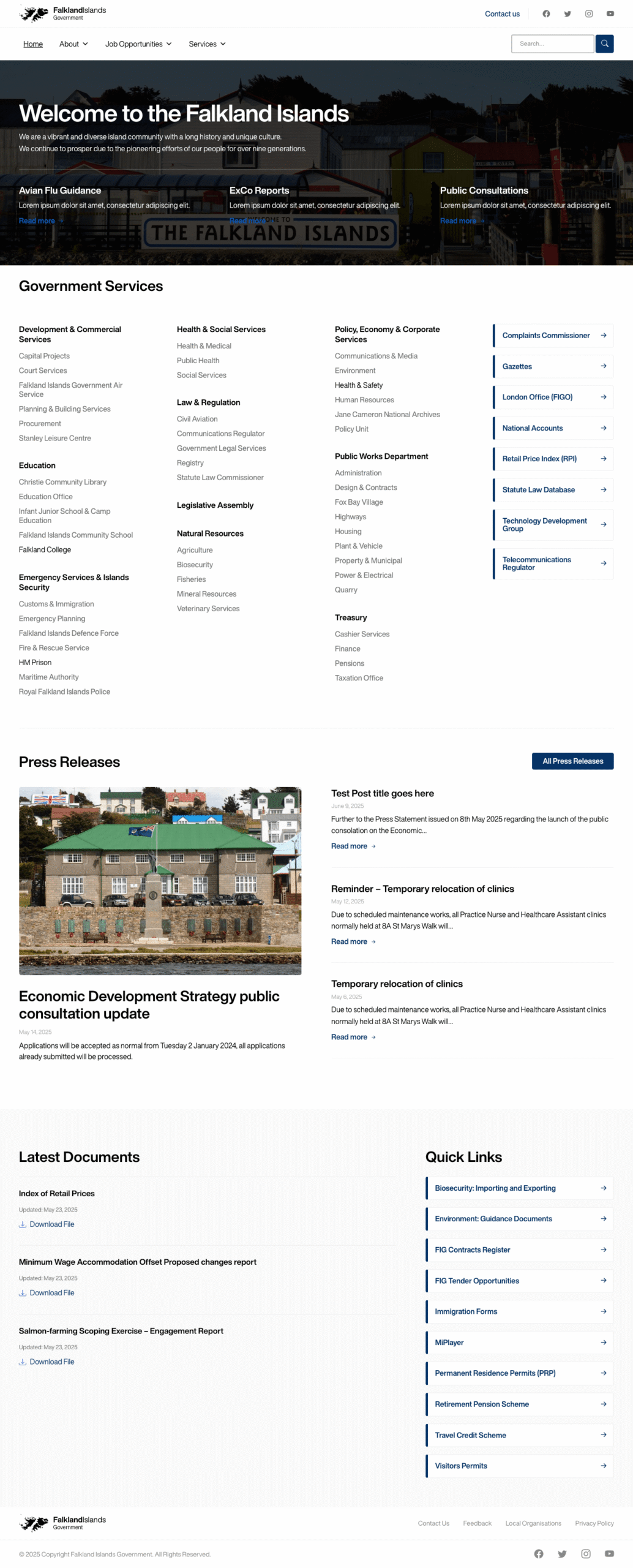 Falkland Islands Government multisite website homepage showing redesigned government portal interface and navigation structure