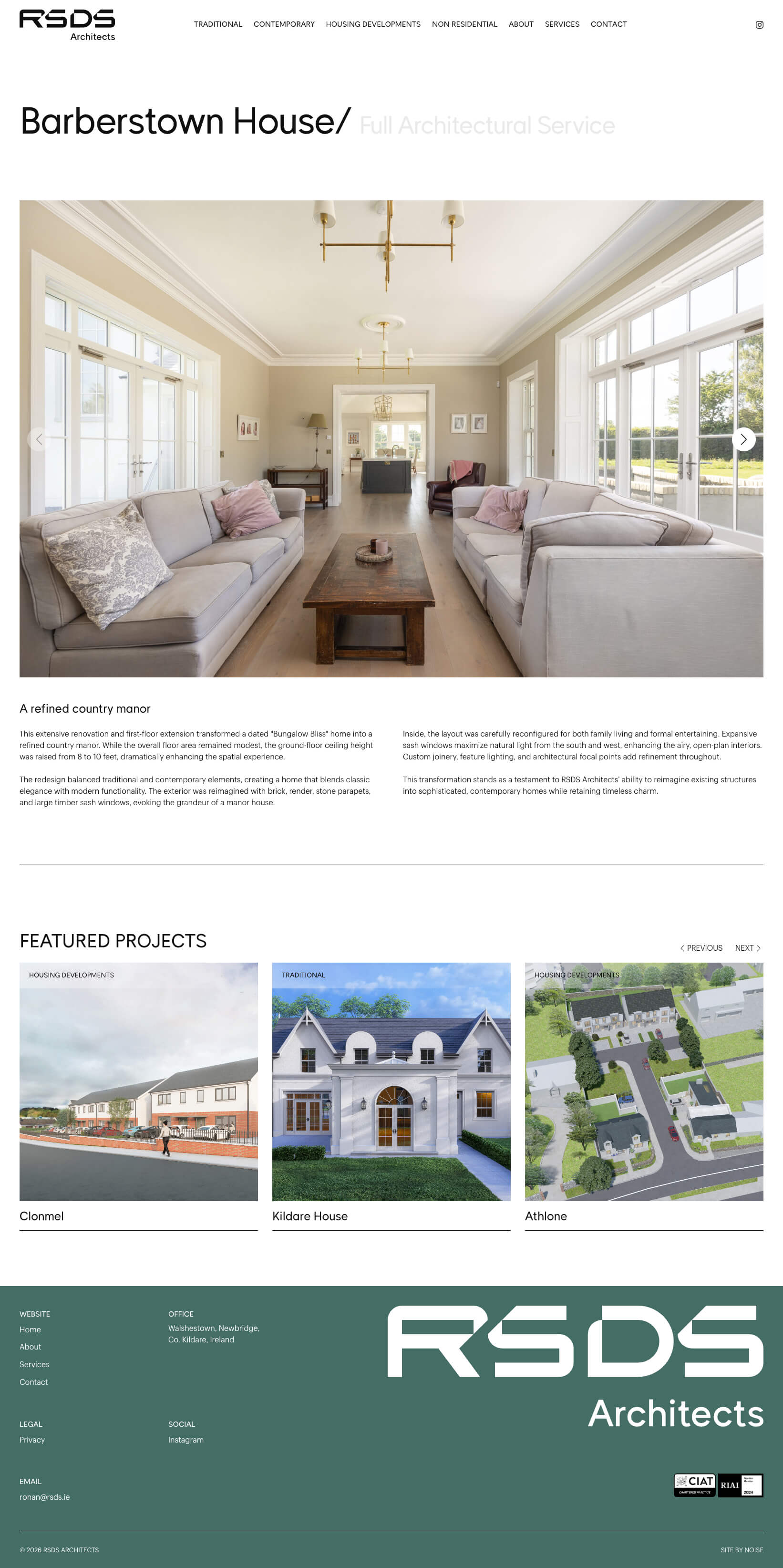 RSDS Architects project page displaying project images, descriptions, and structured content layout